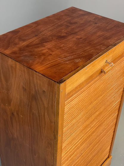 Vintage Tambour Fronted Cabinet Oak Walnut Danish Mid Century Shelving EB12516