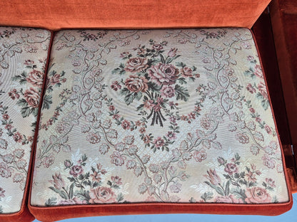 Vintage Danish Knole Sofa 2 Seater Red Velour Floral Cream Cushions EB12725