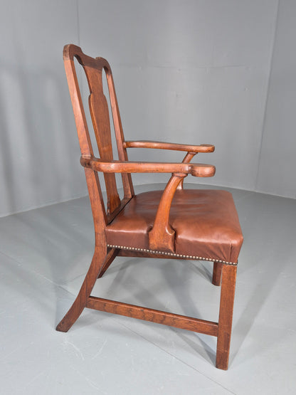 Antique Georgian Elbow Chair Mahogany Frame Leather Seat Splat Back EB11933