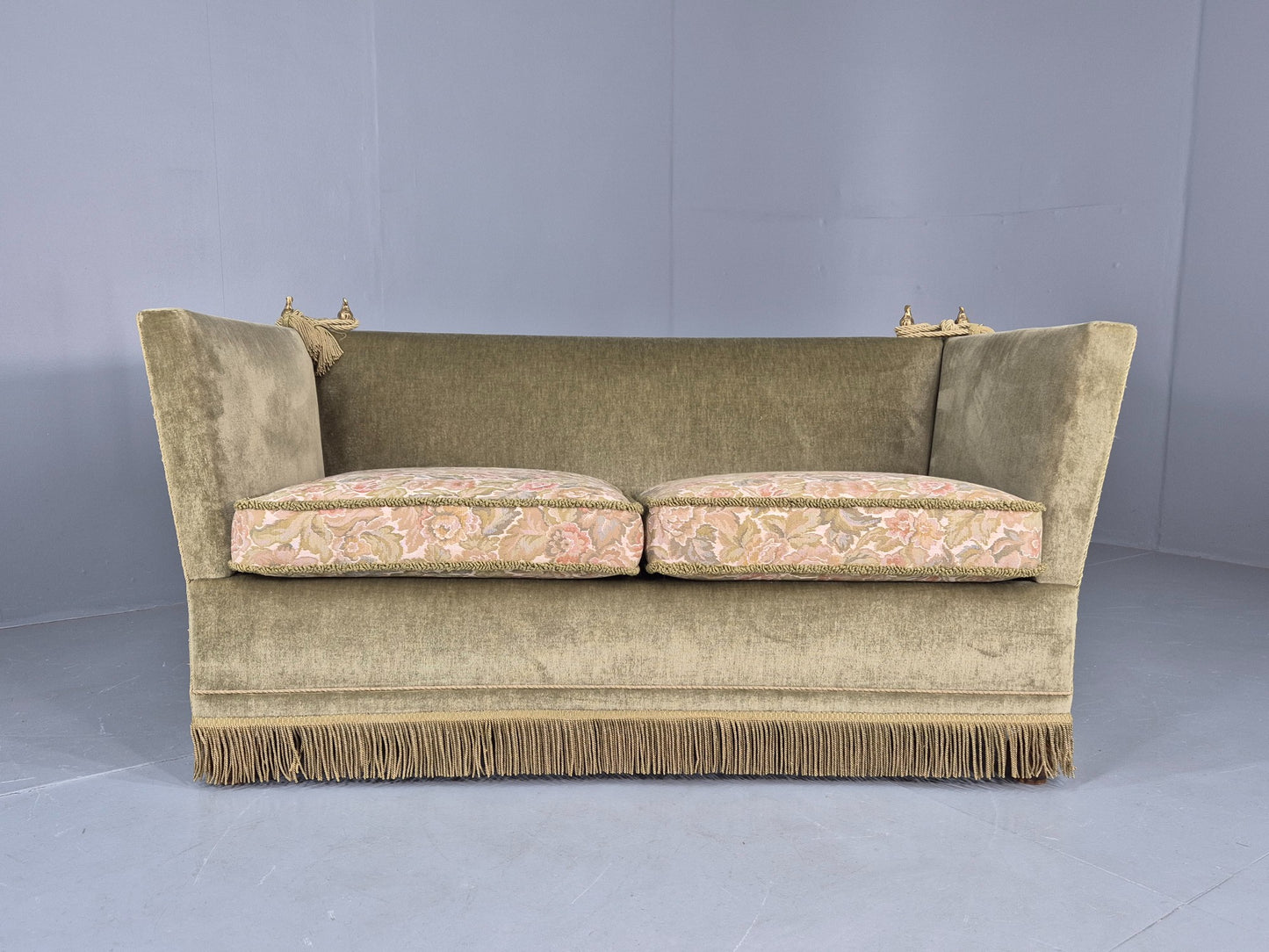 Vintage Danish Knole Sofa 2 Seater Green Velour Floral Cream Cushions EB12770
