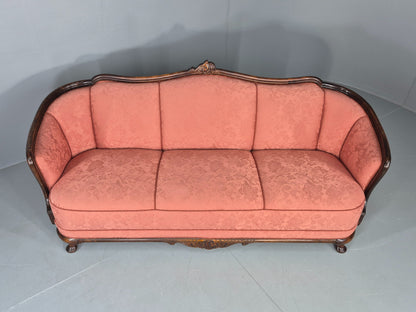 Vintage Danish Art Deco 3 Seater Sofa Carved Hardwood Frame Pink Damask EB12742