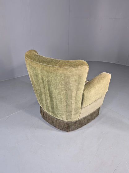 Vintage 1950s Armchair Danish Design Green Velour Tassels Art Deco EB12711