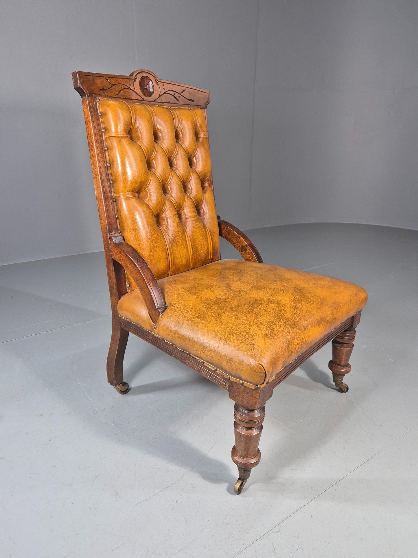 Antique Library Chair Deep Buttoned Tan Leather Oak Frame 1900s EB11657