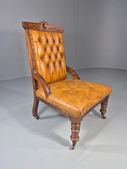 Antique Library Chair Deep Buttoned Tan Leather Oak Frame 1900s EB11657