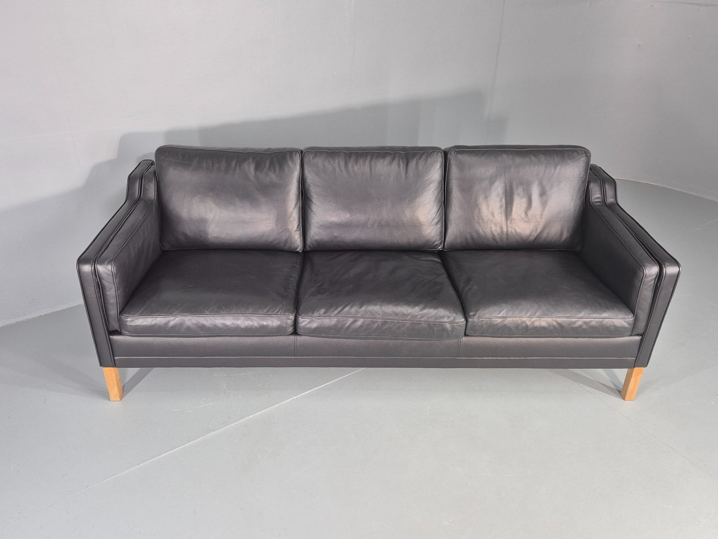 Vintage Danish 3 Seat Sofa Black Leather Mogensen Style 1980s Retro MCM EB12445