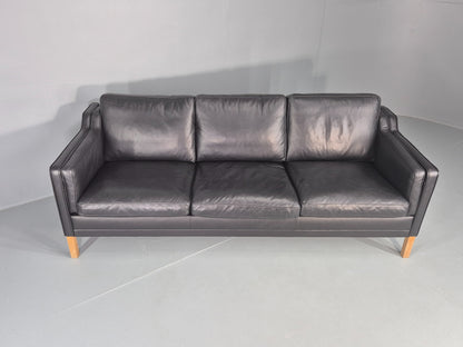 Vintage Danish 3 Seat Sofa Black Leather Mogensen Style 1980s Retro MCM EB12445