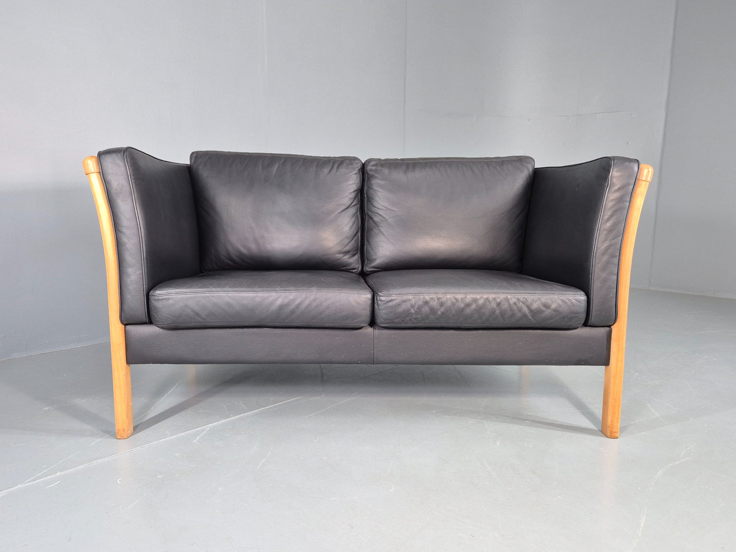 Vintage Stouby 2 Seater Sofa Beech Ends Black Leather 1990s Retro EB12421