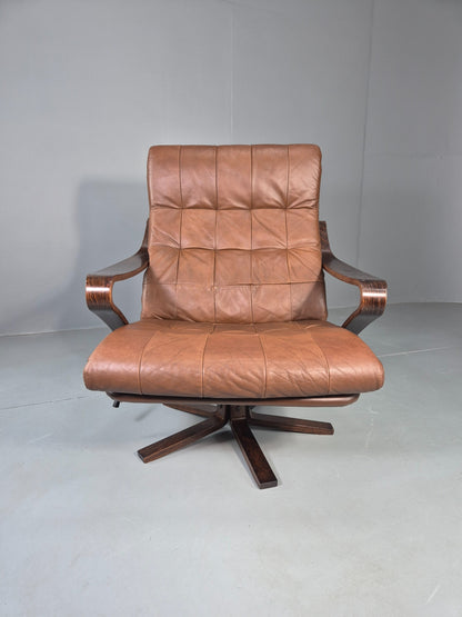 Vintage Danish Swivel Rock Lounge Chair Bentwood Frame Leather MCM Retro EB13090