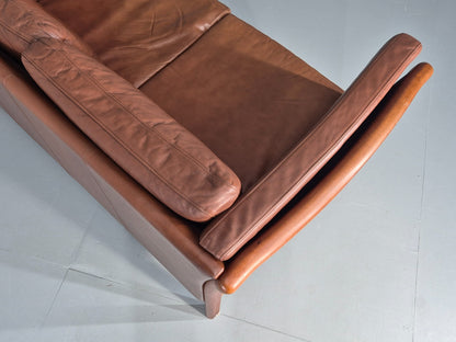 Vintage 2 Seater Sofa Danish Brown Leather Wood Ends Retro 1980s EB8349 M2SS