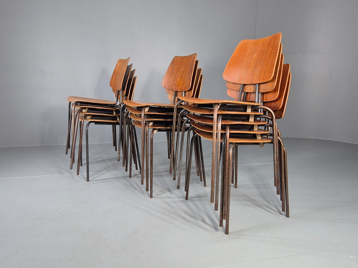 12 Vintage Danish Stacking Industrial Chairs Teak and Steel 1960s Retro EB12402
