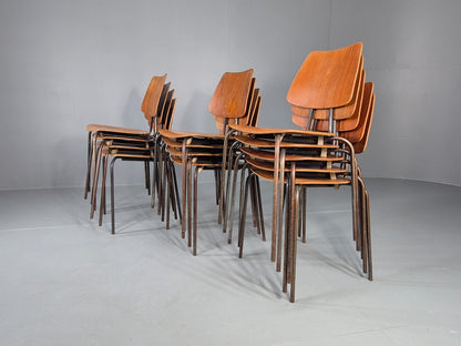 12 Vintage Danish Stacking Industrial Chairs Teak and Steel 1960s Retro EB12402