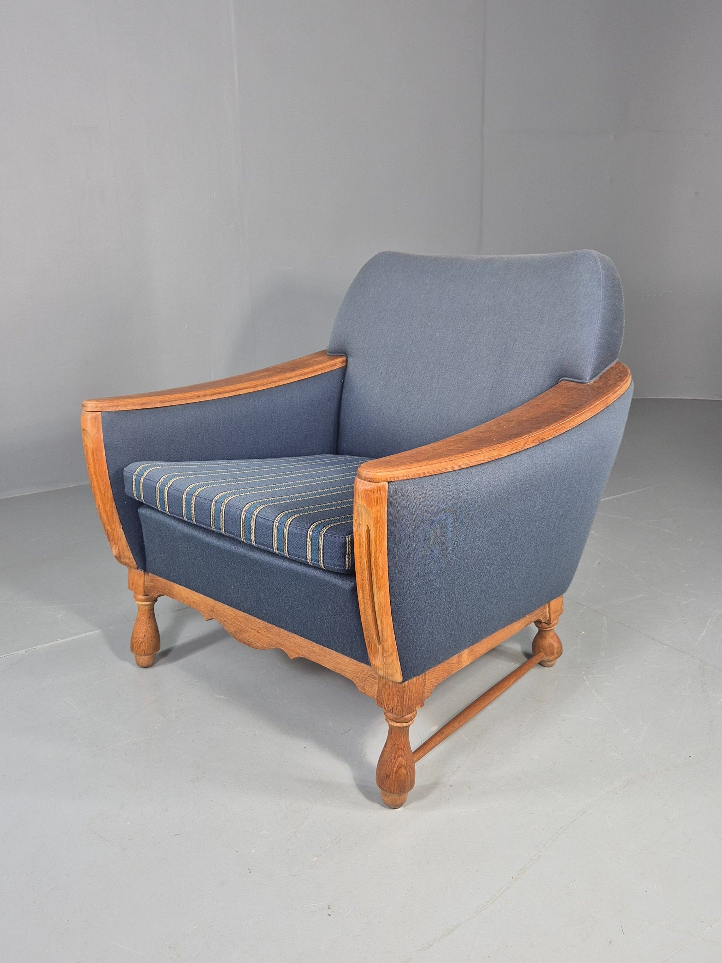 Vintage Danish Lounge Chair Oak Frame Blue Wool 1970s  Retro MCM EB12764