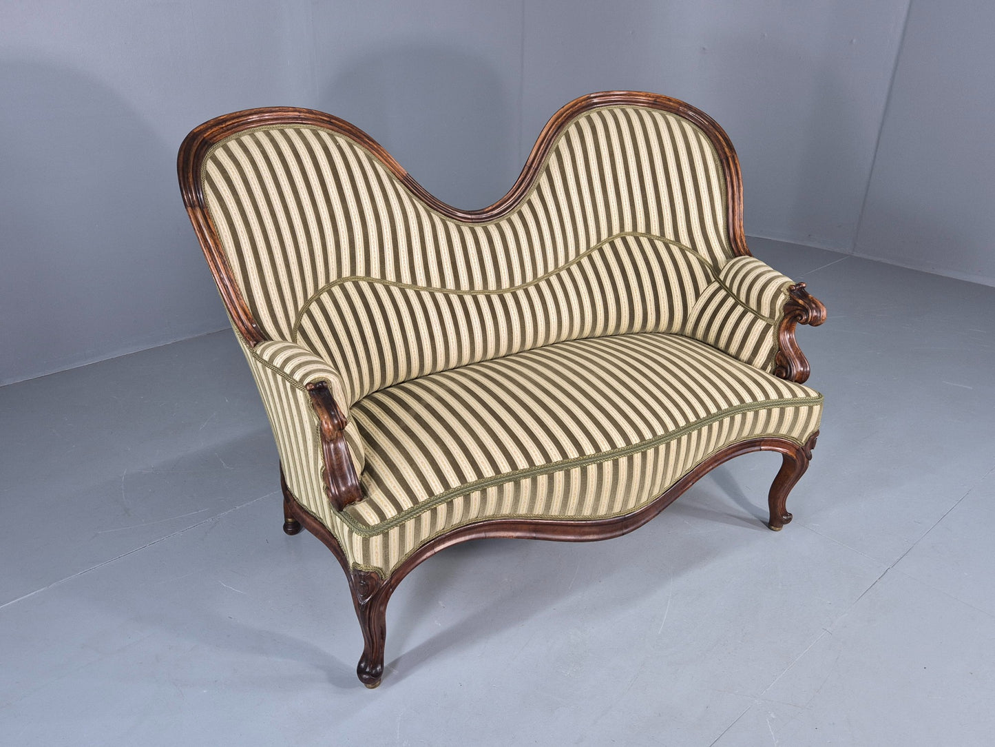 Antique Neo Rococo Serpentine Sofa Danish Mahogany Frame Green Cream EB12702