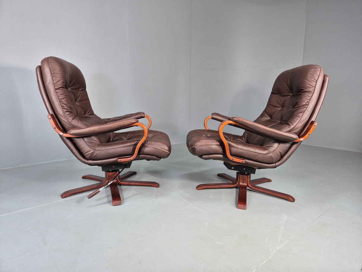 2 Vintage Danish Lounge Chairs Swivel Recline Leather Mid Century Retro EB13093