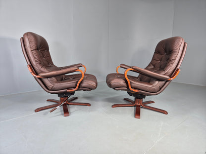 2 Vintage Danish Lounge Chairs Swivel Recline Leather Mid Century Retro EB13093