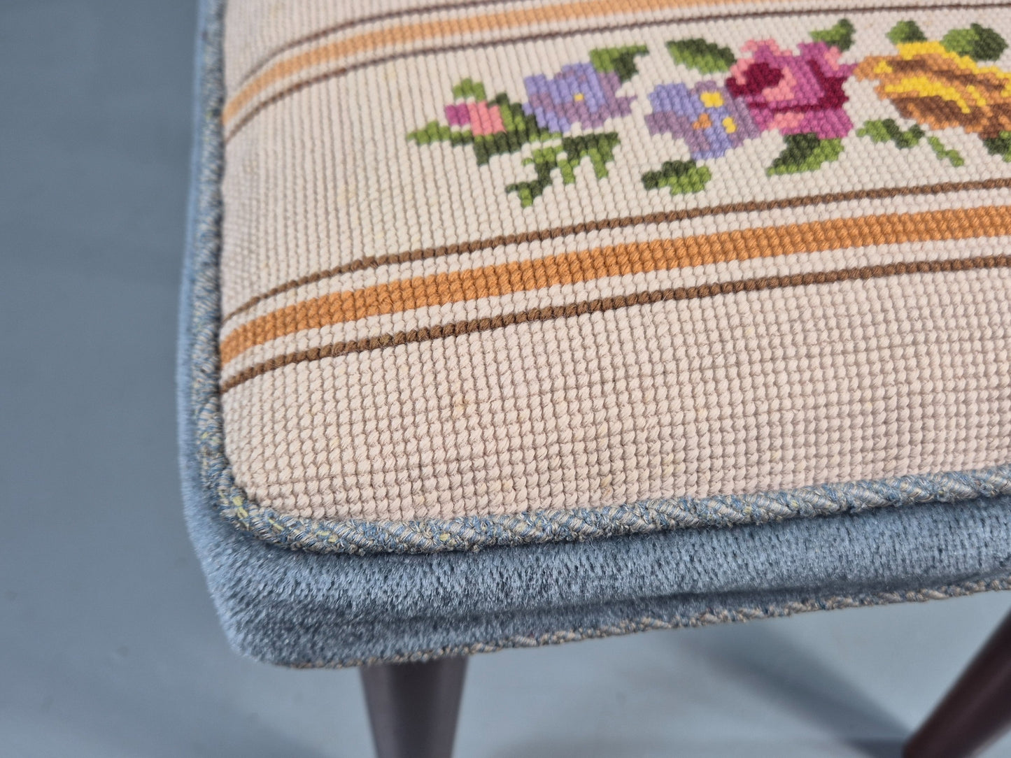 Vintage Danish Midcentury Footstool with Tapestry Floral Top 1960s EB12029