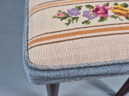 Vintage Danish Midcentury Footstool with Tapestry Floral Top 1960s EB12029