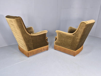 2 Midcentury Danish Lounge Chairs Green Velour Velvet Tassels 1960s EB12646