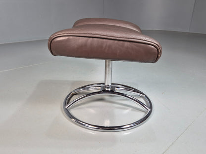 Vintage Mid Century Footstool Stressless 1970s Brown Leather Chrome EB07922