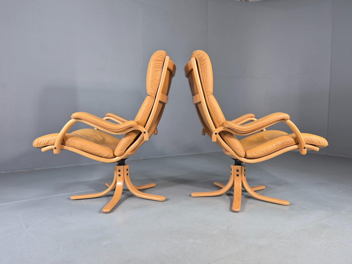 2 Vintage Tan Leather Lounge Chairs 1980s Danish Swivel Bentwood Bases EB13081