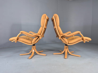 2 Vintage Tan Leather Lounge Chairs 1980s Danish Swivel Bentwood Bases EB13081