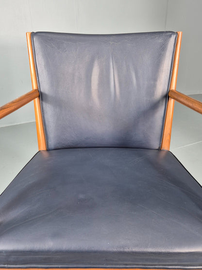 Vintage Mid Century Teak Armchair Blue Leather 1960s Retro  EB11900