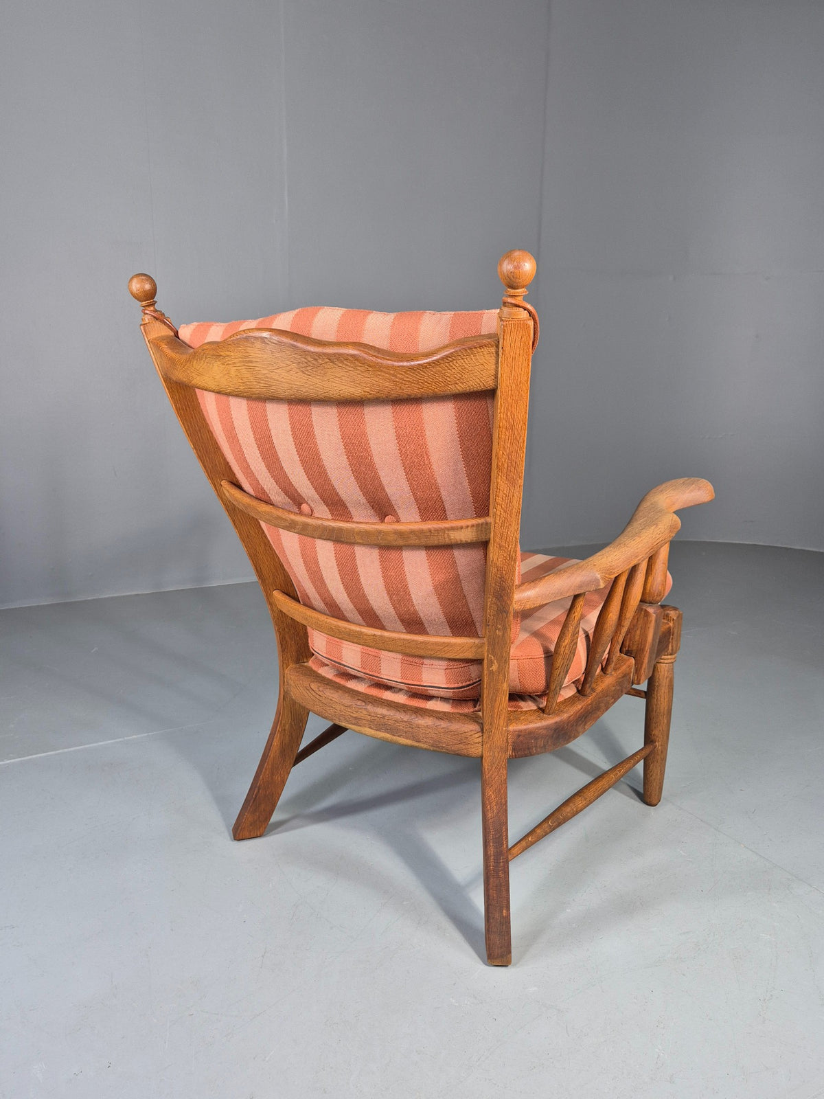 Vintage Danish Oak Lounge Chair 1950s Cottage Style Pink Striped Cotton EB12708