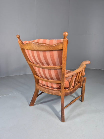 Vintage Danish Oak Lounge Chair 1950s Cottage Style Pink Striped Cotton EB12708