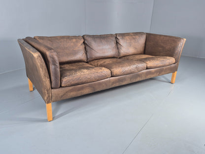 Vintage Danish 3 Seater Sofa 1970s Brown Leather Patinated Retro MCM EB12412