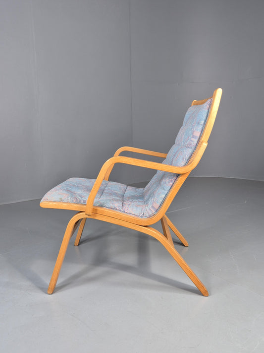 Vintage Mid Century Danish Bentwood Chair Blue Abstract 1980s Retro EB12107