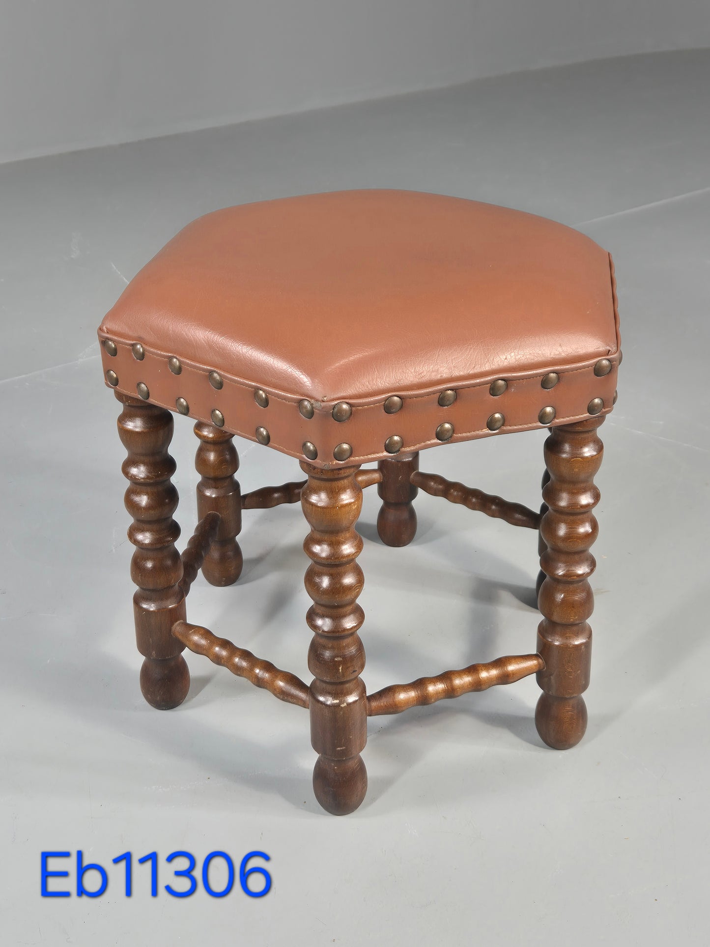 Vintage Stool Brown Vinyl Upholstery Oak Bobbin Turned Frame Hexagonal EB11306