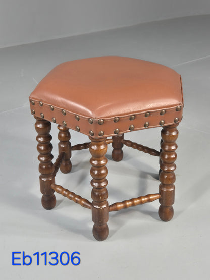 Vintage Stool Brown Vinyl Upholstery Oak Bobbin Turned Frame Hexagonal EB11306