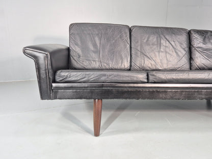 1960s 3-seater sofa Danish Design Black Leather Mid Century Retro Teak  EB10279