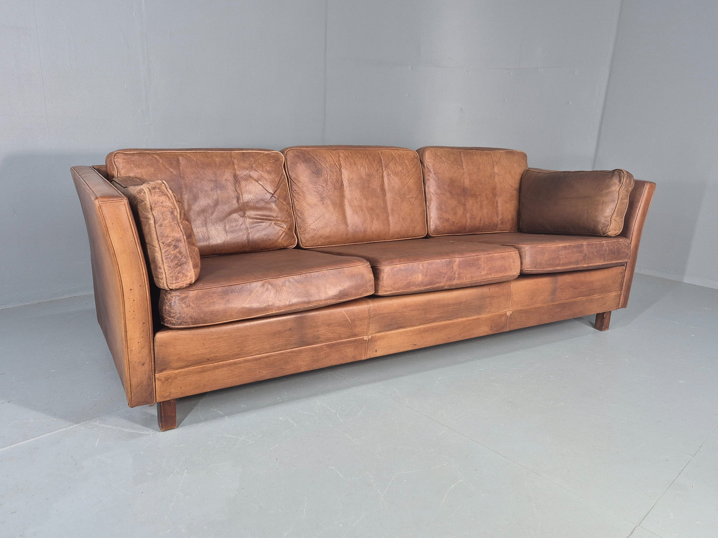 Vintage 3 seater sofa Danish Brown Leather 1970s Mid Century Retro EB10498