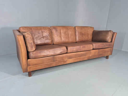 Vintage 3 seater sofa Danish Brown Leather 1970s Mid Century Retro EB10498