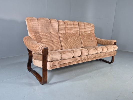Vintage 3 Seat Sofa 1980s Danish Beige Corduroy Bent Wood 1980s Retro EB13065