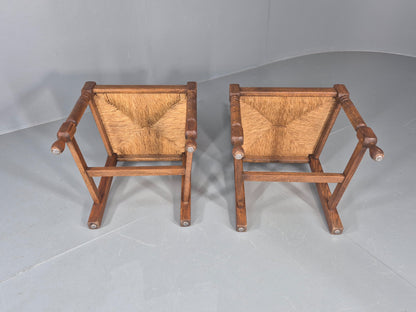 Vintage Spanish Style Country Chairs Rush Seated Oak Frames EB11951