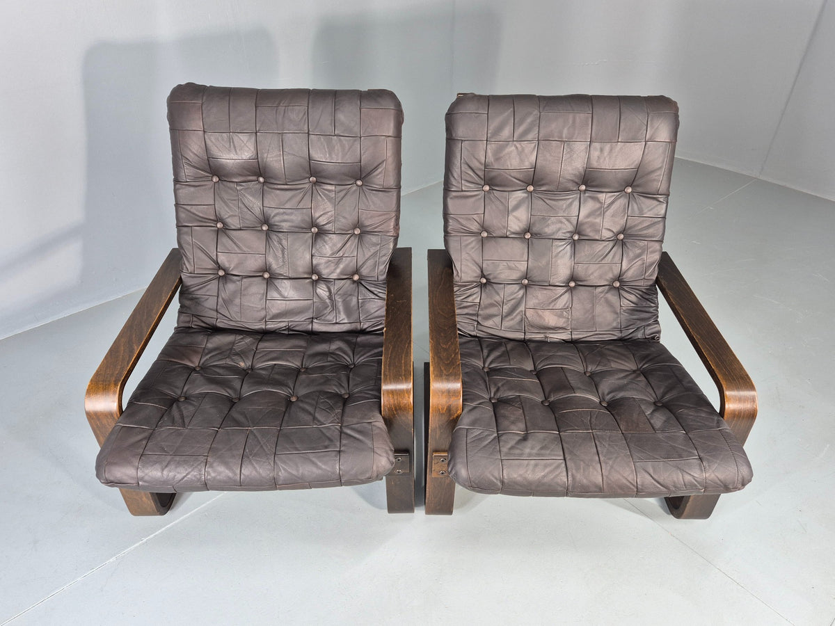 2 Vintage Leather Lounge Chairs 1970s Danish Bentwood MCM Retro  EB13080