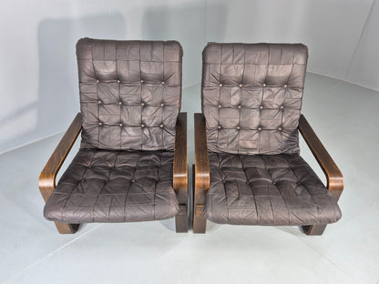 2 Vintage Leather Lounge Chairs 1970s Danish Bentwood MCM Retro  EB13080
