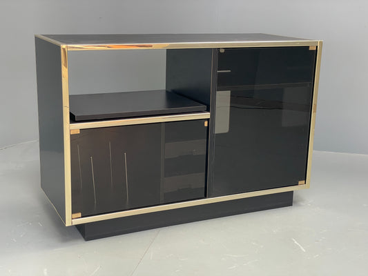Vintage 1970s Media Cabinet Gold Black Glass French Retro Record Storage EB12492