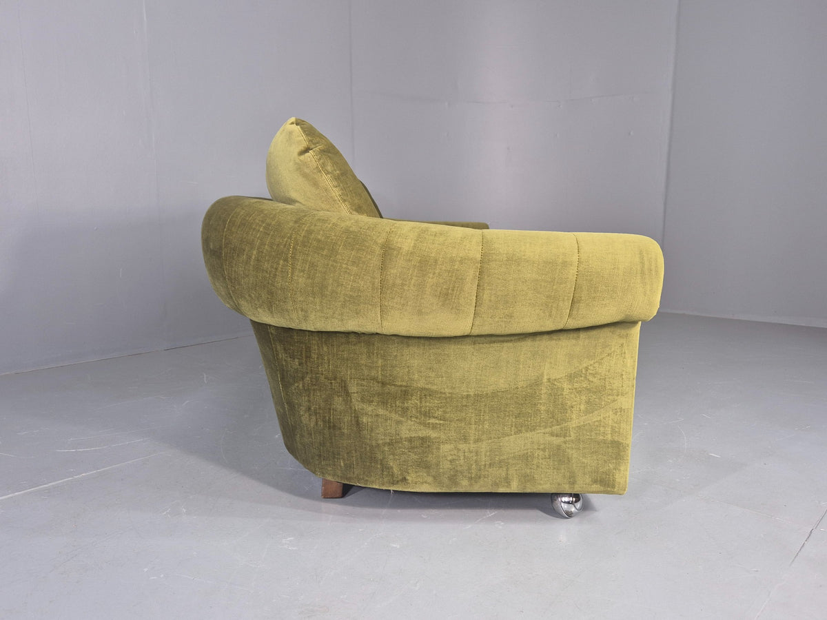 Vintage 3 Seater Sofa 1970s Danish Roll top back Green Velour MCM Retro EB12722
