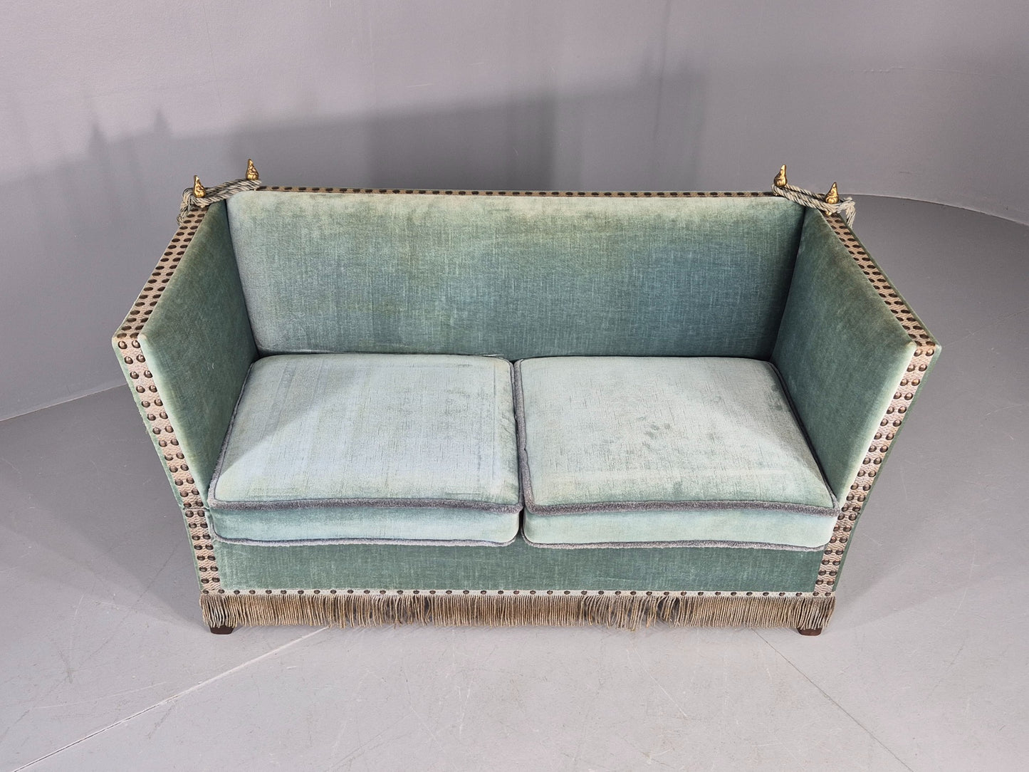 Vintage Danish Knole Sofa 2 Seater Blue Velour Floral Cream Cushions EB12748