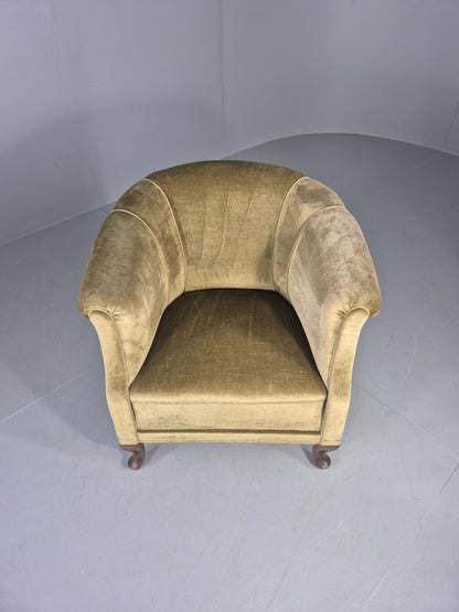 Vintage Danish Art Deco Tub Chair Green Velour Cabriole Legs 1940s EB12717