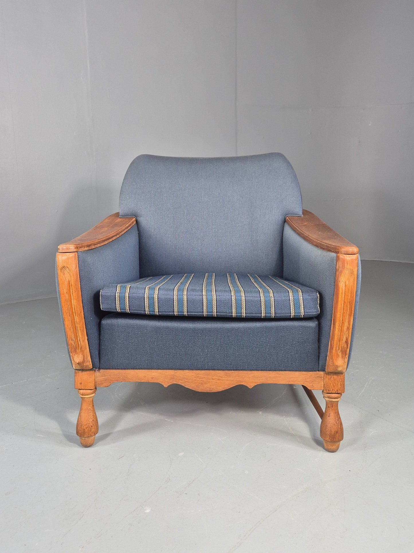 Vintage Danish Lounge Chair Oak Frame Blue Wool 1970s  Retro MCM EB12764