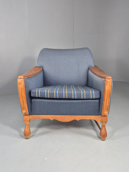 Vintage Danish Lounge Chair Oak Frame Blue Wool 1970s  Retro MCM EB12764