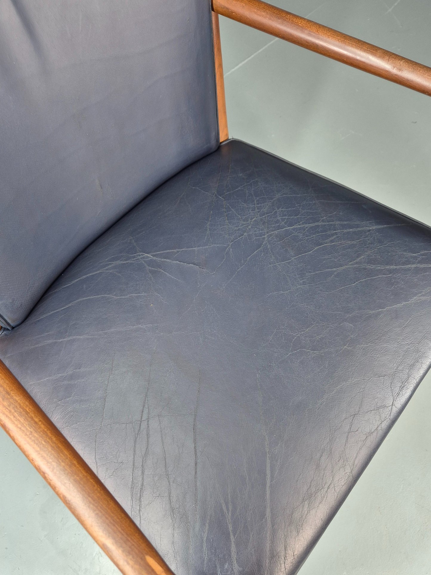 Vintage Mid Century Teak Armchair Blue Leather 1960s Retro EB11905