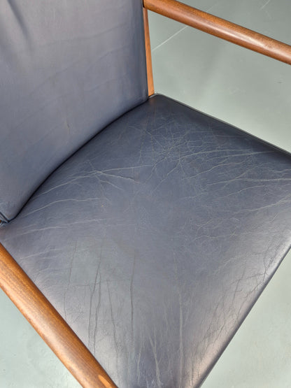 Vintage Mid Century Teak Armchair Blue Leather 1960s Retro EB11905