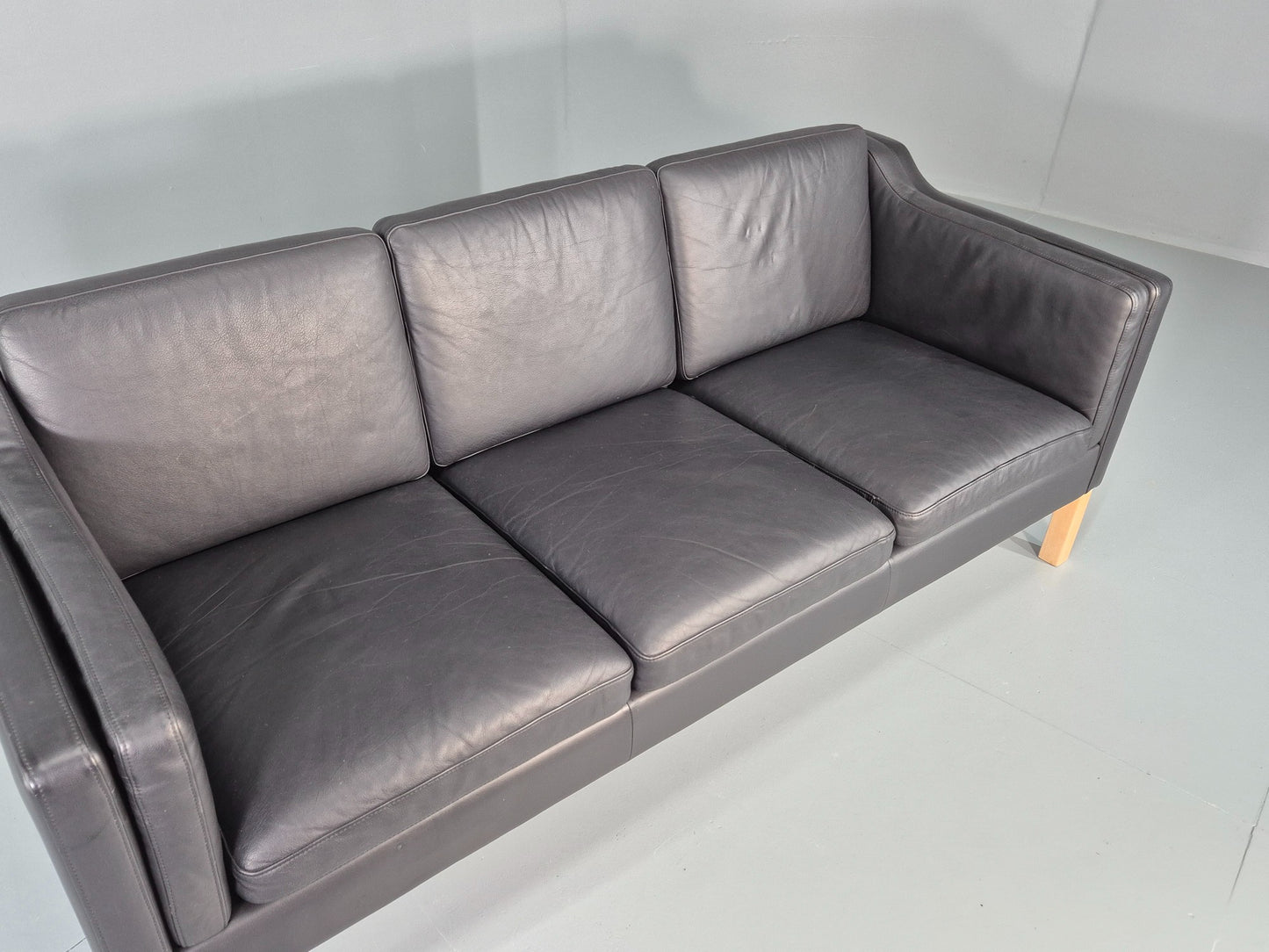 Vintage 3 Seater Sofa Danish Black Leather Mogensen Style Retro MCM 80s EB12440