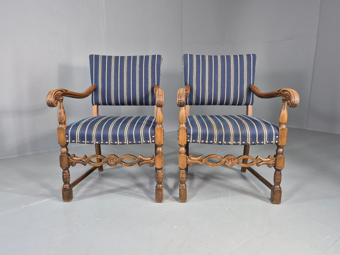 2 Vintage Danish Baroque Style Oak 1950s Elbow Chairs Blue Wool Stripe EB12647