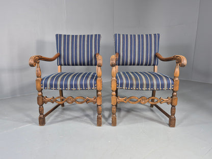 2 Vintage Danish Baroque Style Oak 1950s Elbow Chairs Blue Wool Stripe EB12647
